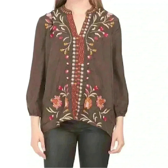 NWT JOHNNY WAS Chocolate Silk Rosalva Paris Effortless Blouse Sz S - Picture 1 of 5